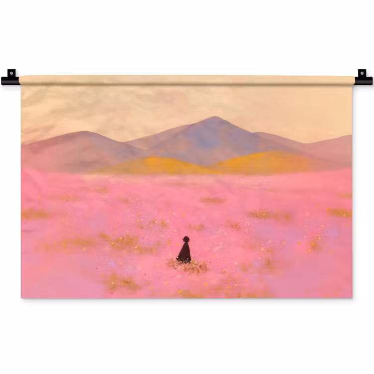 Bloemenweide - Heuvels - Silhouet - Roze Wandkleed katoen klein -zz3d