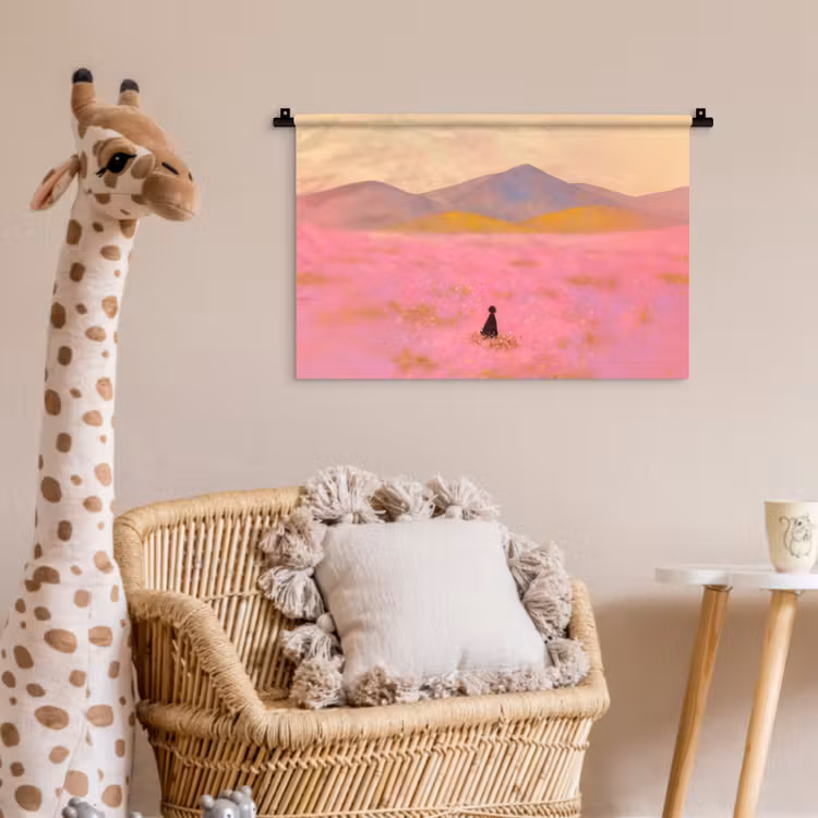 Bloemenweide - Heuvels - Silhouet - Roze Wandkleed katoen klein -wsfeer5_kind