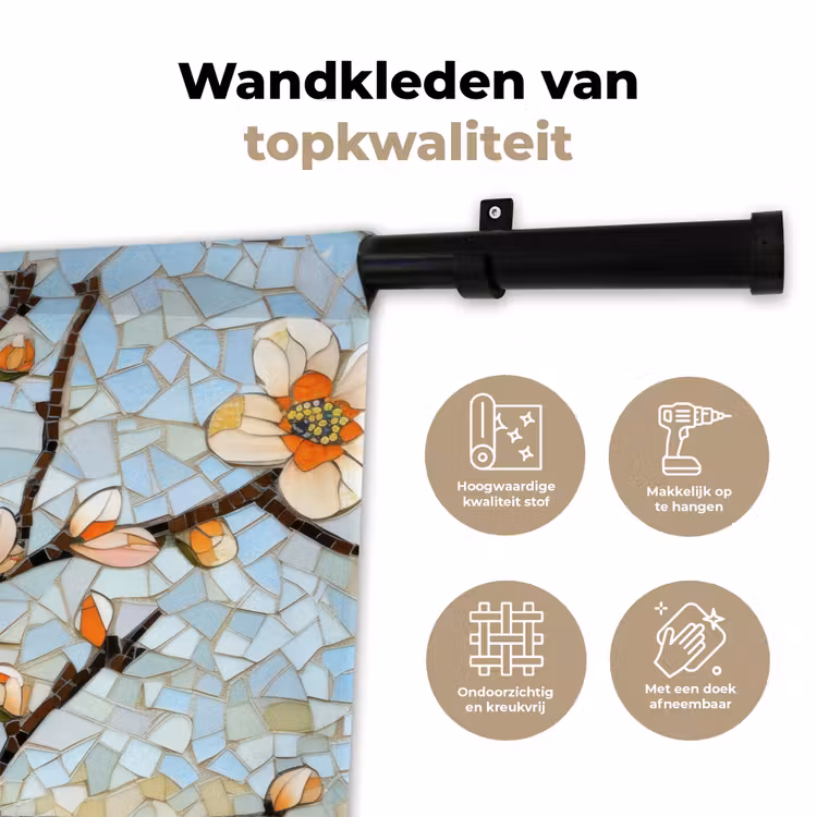 Bloesems - Wit - Mozaïek - Tak Wandkleed katoen klein -sfeer2