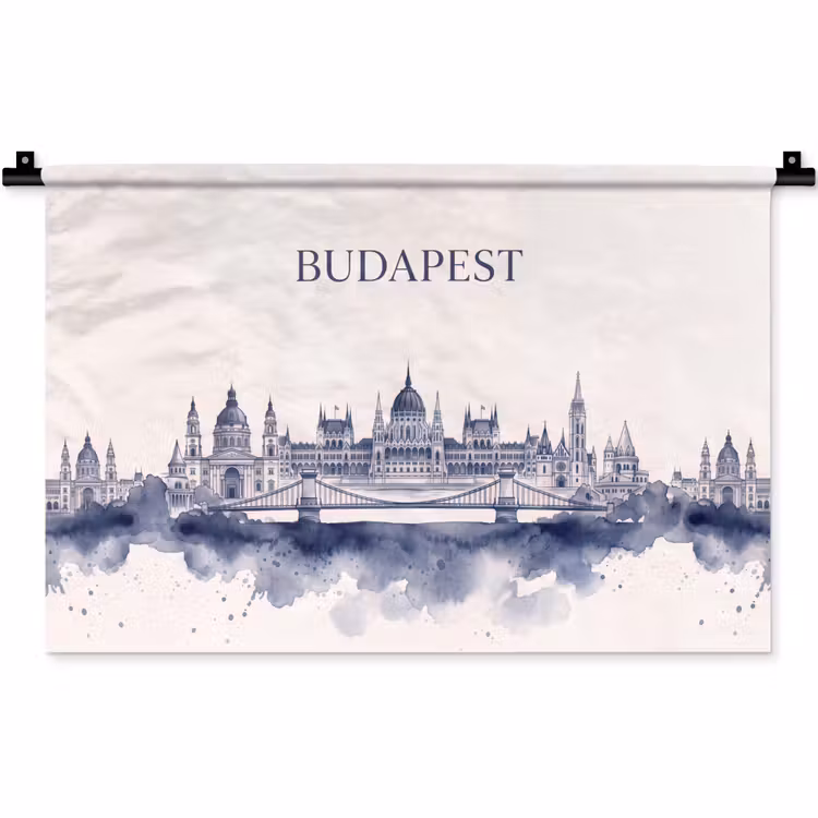 Boedapest - Skyline - Architectuur - Aquarel - Blauw Wandkleed katoen klein -zz3d