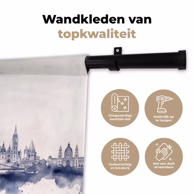 Boedapest - Skyline - Architectuur - Aquarel - Blauw Wandkleed katoen klein -sfeer2