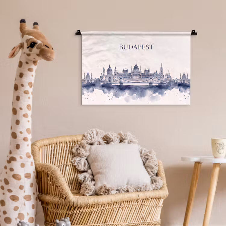 Boedapest - Skyline - Architectuur - Aquarel - Blauw Wandkleed katoen klein -wsfeer5_kind