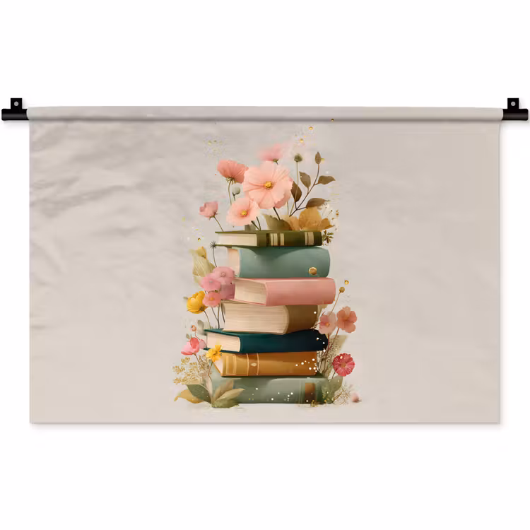 Boeken - Stapel - Bloemen - Kleurrijk Wandkleed katoen klein -zz3d