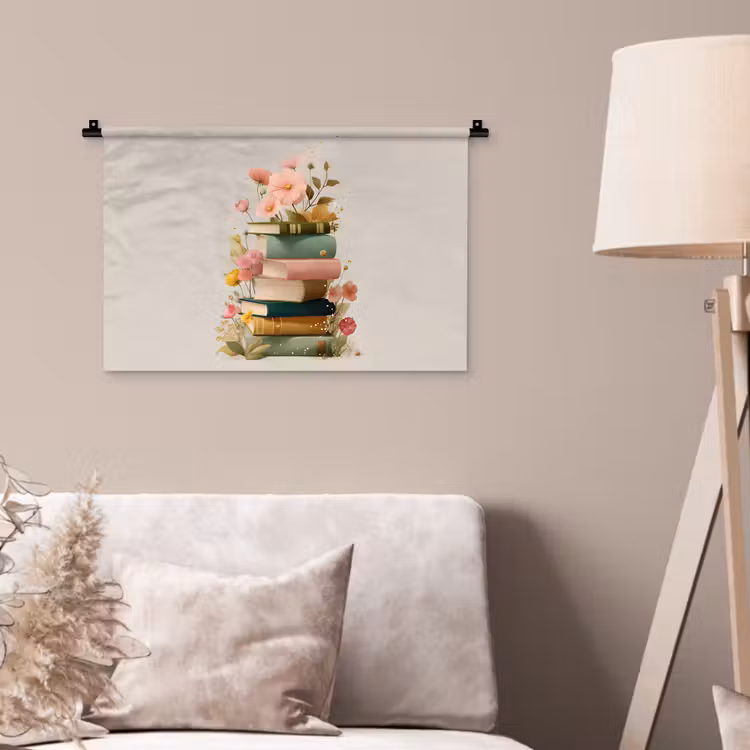 Boeken - Stapel - Bloemen - Kleurrijk Wandkleed katoen klein -sfeer4