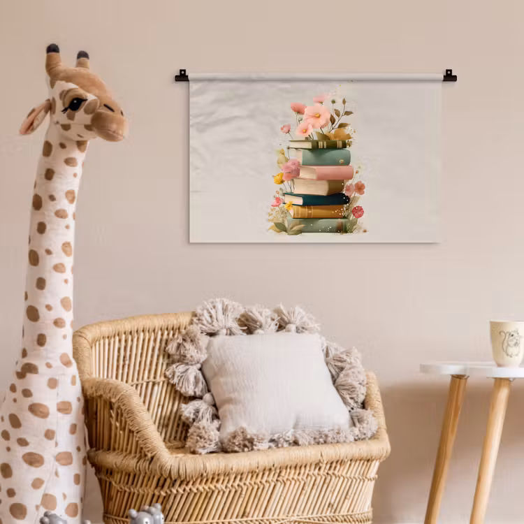Boeken - Stapel - Bloemen - Kleurrijk Wandkleed katoen klein -wsfeer5_kind