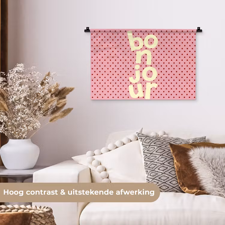 Bonjour - Stippen - Roze- Geel Wandkleed katoen klein -sfeer1