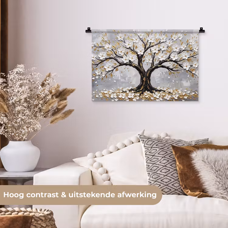 Boom - Bloemen - Natuur - Abstract - Wit Wandkleed katoen klein -sfeer1