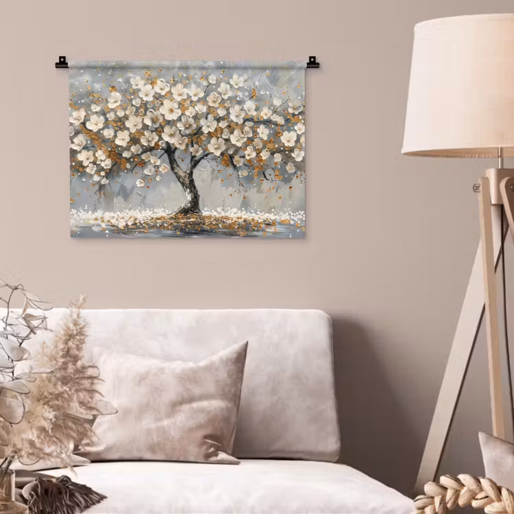 Boom - Bloemen - Wit - Natuur - Kunst Wandkleed katoen klein -sfeer4