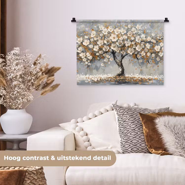 Boom - Bloemen - Wit - Natuur - Kunst Wandkleed katoen klein -sfeer1
