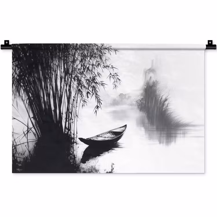 Boot - Rivier - Bamboe - Wit Wandkleed katoen klein -zz3d