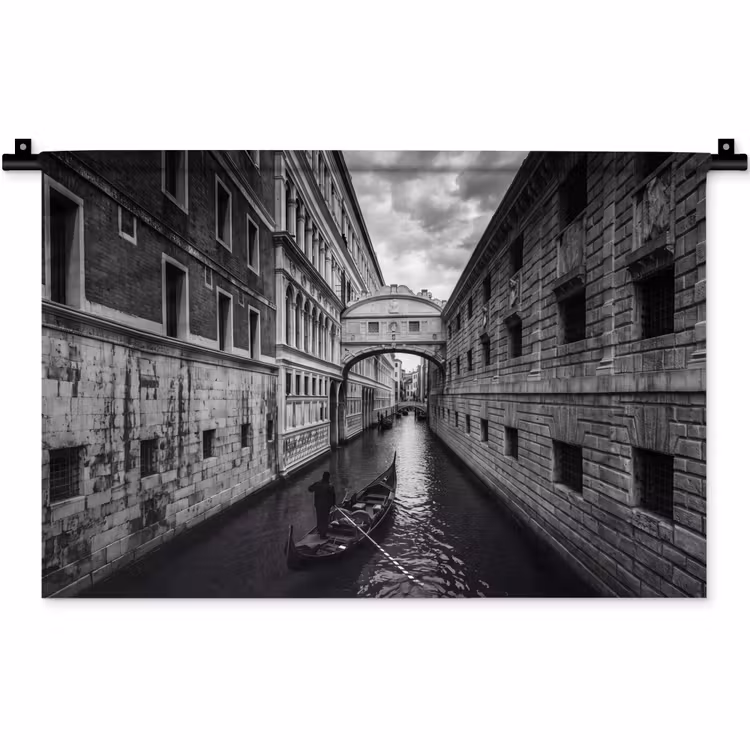 Boot - Waterweg - Stad - Zwart-wit - Architectuur Wandkleed katoen klein -zz3d