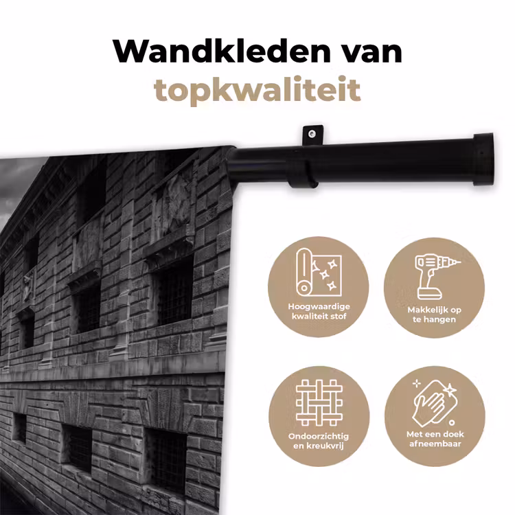 Boot - Waterweg - Stad - Zwart-wit - Architectuur Wandkleed katoen klein -sfeer2