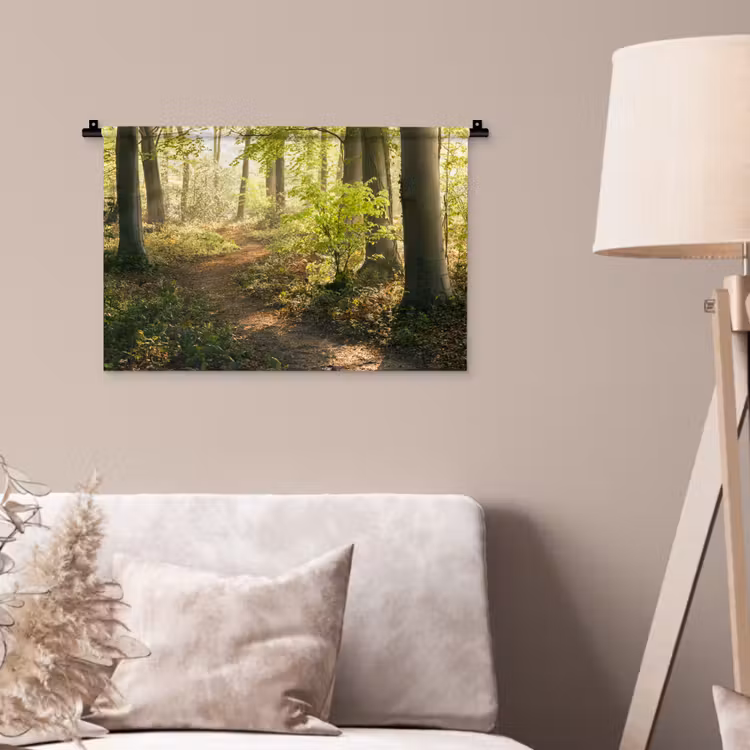 Bos - Bomen - Pad - Zon - Planten - Bladeren - Natuur Wandkleed katoen klein -sfeer4