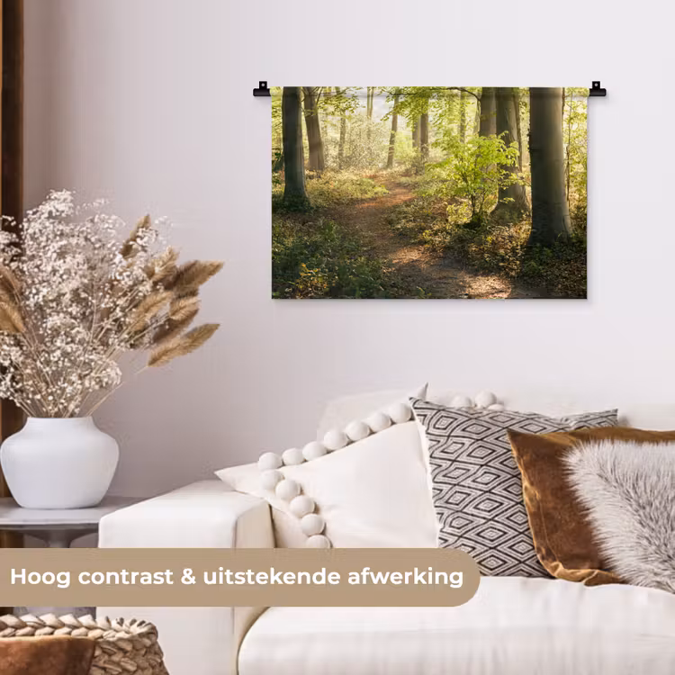 Bos - Bomen - Pad - Zon - Planten - Bladeren - Natuur Wandkleed katoen klein -sfeer1