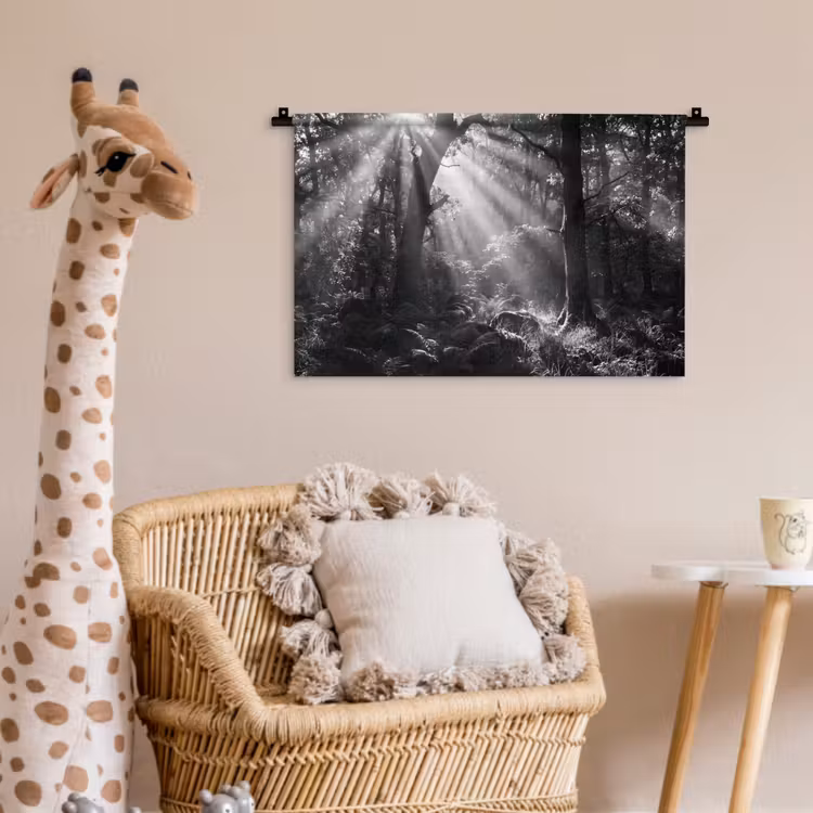 Bos - Lichtstralen - Natuur - Zwart-wit Wandkleed katoen klein -wsfeer5_kind