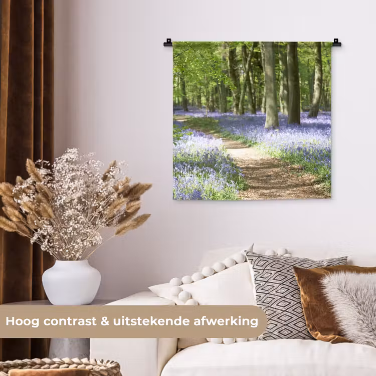 Bos - Pad - Bloemen - Paars - Groen - Natuur Wandkleed katoen klein -sfeer1