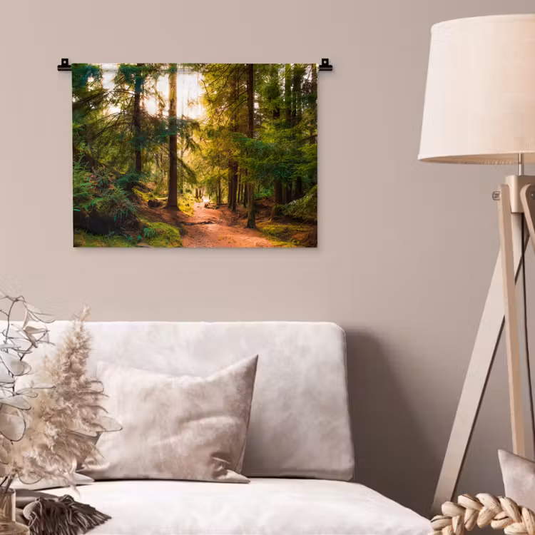 Bos - Pad - Bomen - Groen - Zon - Natuur Wandkleed katoen klein -sfeer4