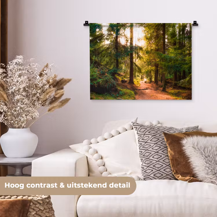 Bos - Pad - Bomen - Groen - Zon - Natuur Wandkleed katoen klein -sfeer1