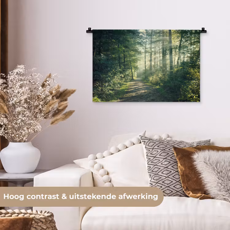 Bos - Pad - Zon - Bomen - Groen - Natuur Wandkleed katoen klein -sfeer1