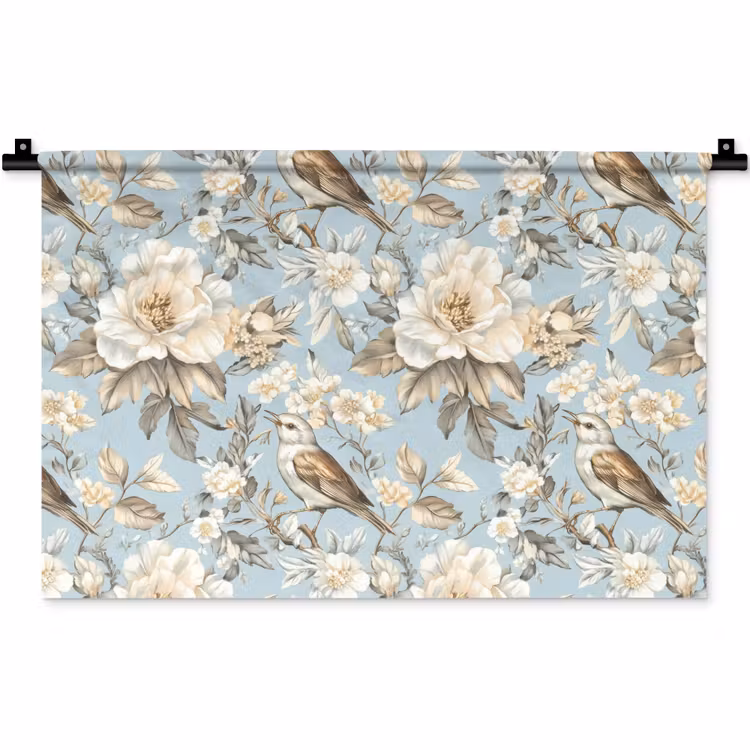 Botanisch - Zangvogel - Blauw Wandkleed katoen klein 269 -zz3d