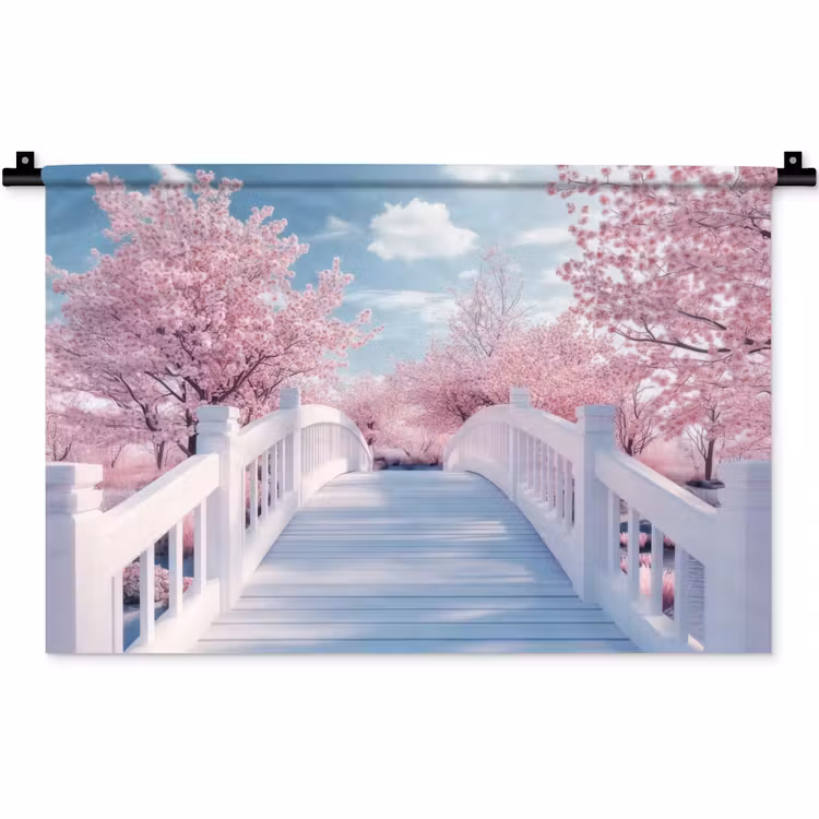 Brug - Kersenbomen - Wit Wandkleed katoen klein -zz3d