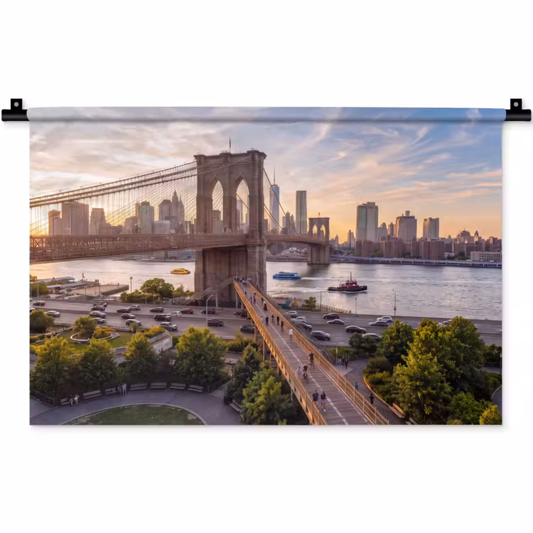 Brug - Rivier - Stad - Zonsondergang - Architectuur Wandkleed katoen klein -zz3d