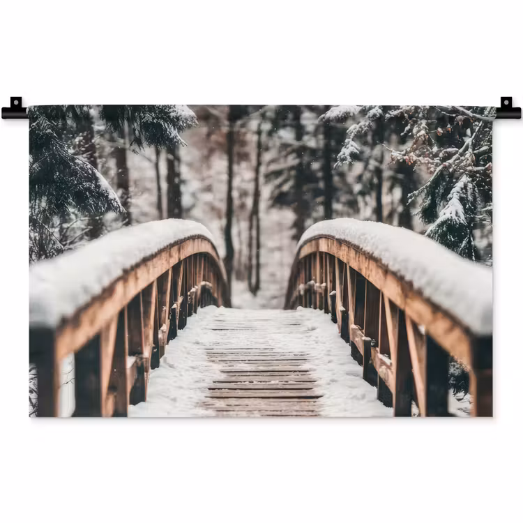 Brug - Winterlandschap - Bos - Natuur - Sneeuw Wandkleed katoen klein -zz3d