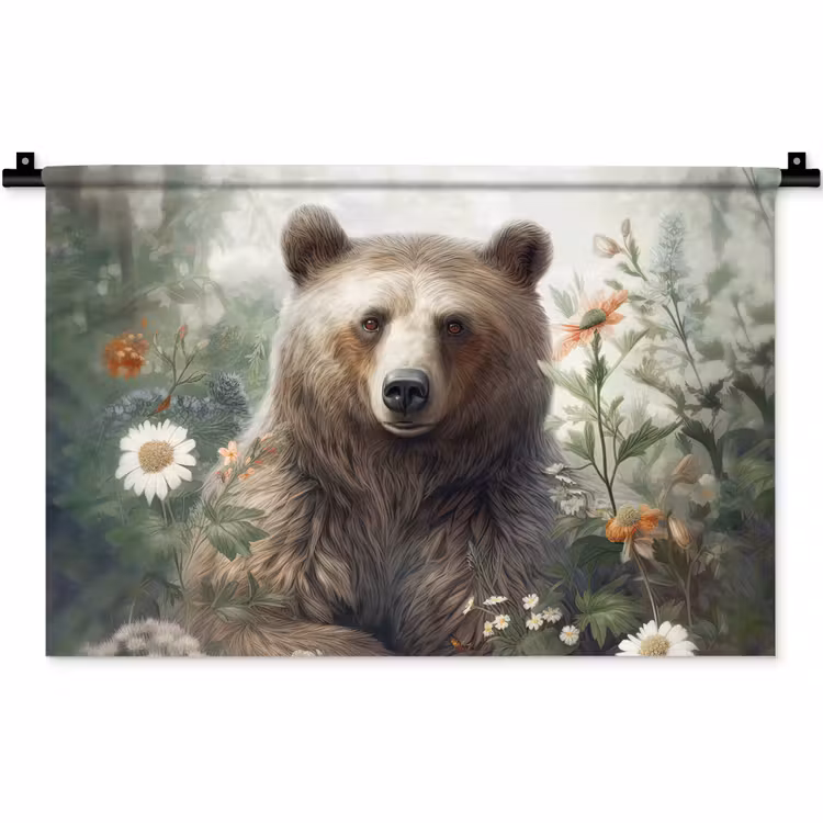Bruine beer - Wilde dieren - Bloemen - Planten Wandkleed katoen klein -zz3d