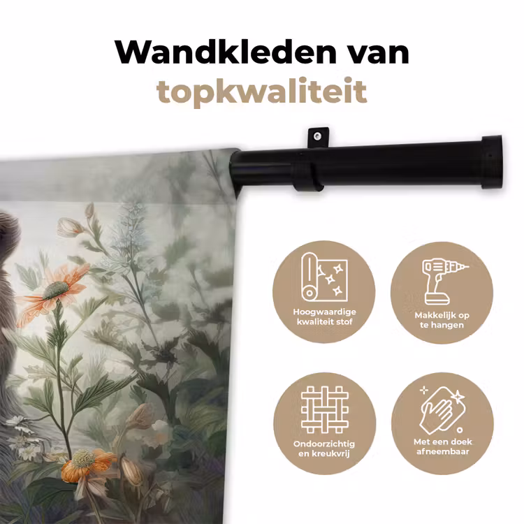 Bruine beer - Wilde dieren - Bloemen - Planten Wandkleed katoen klein -sfeer2