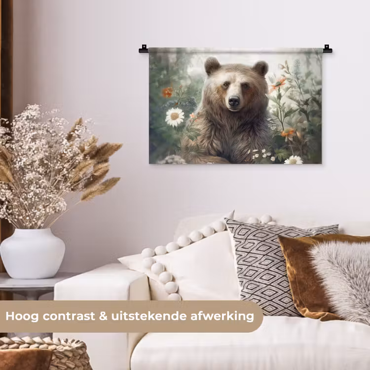 Bruine beer - Wilde dieren - Bloemen - Planten Wandkleed katoen klein -sfeer1