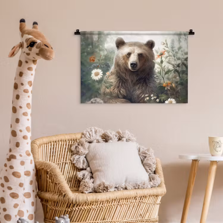Bruine beer - Wilde dieren - Bloemen - Planten Wandkleed katoen klein -wsfeer5_kind