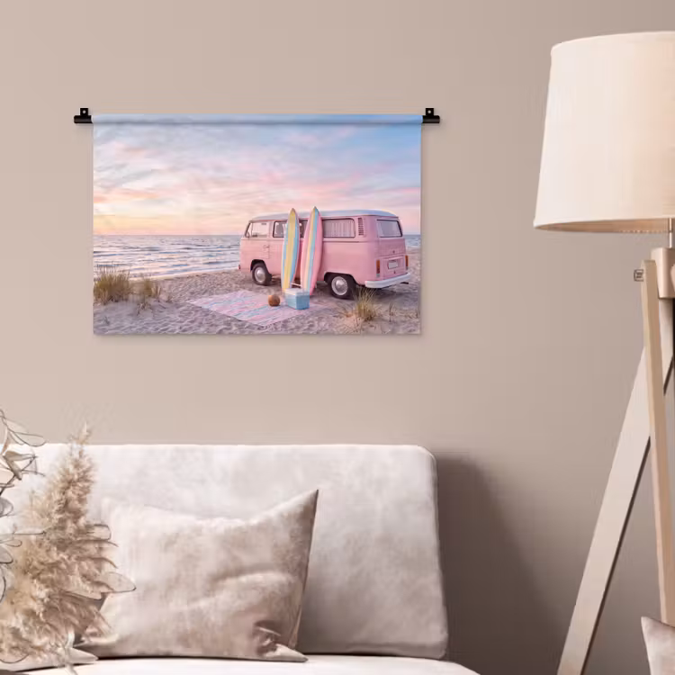 Busje - Strand - Surfplank - Zomer - Roze Wandkleed katoen klein -sfeer4