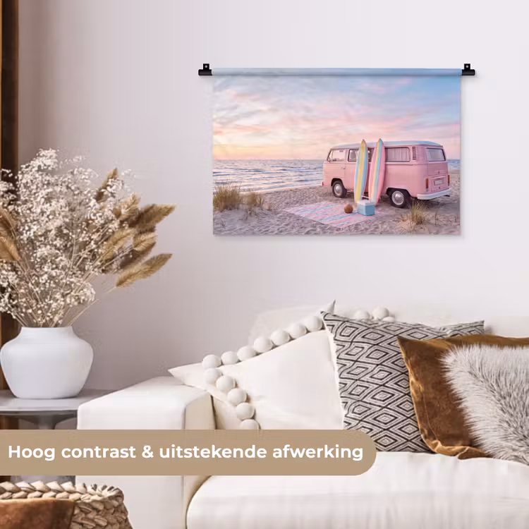 Busje - Strand - Surfplank - Zomer - Roze Wandkleed katoen klein -sfeer1