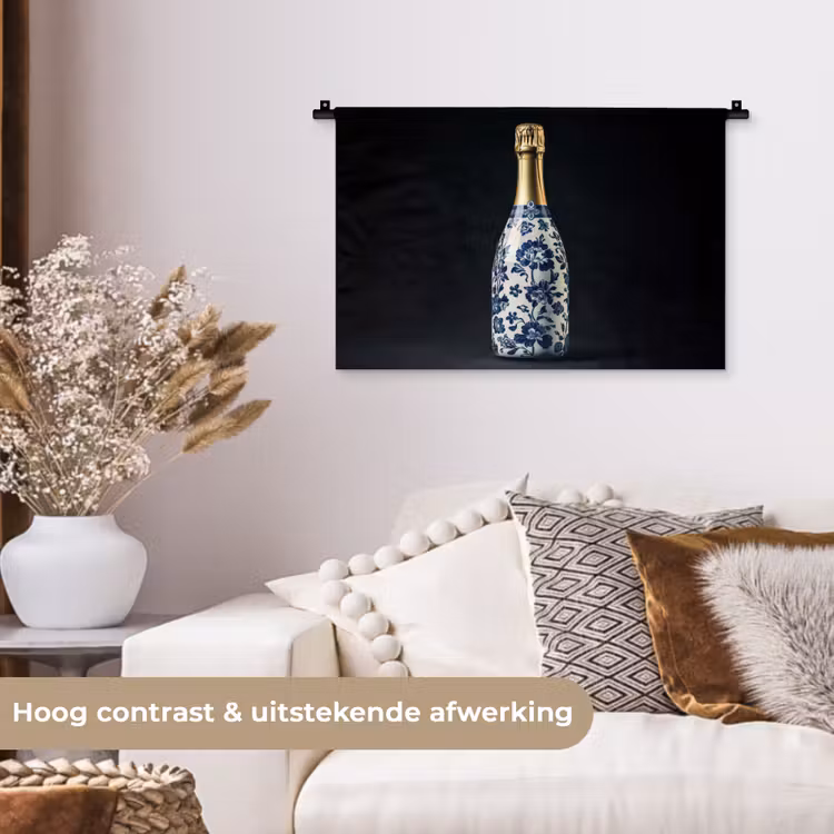 Champagne - Bloemen - Goud - Chique Wandkleed katoen klein -sfeer1