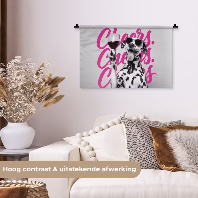 Cheers - Hond - Roze - Wijn Wandkleed katoen klein -sfeer1