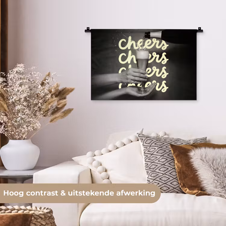 Cheers - Wijn - Zwart - Wit Wandkleed katoen klein -sfeer1