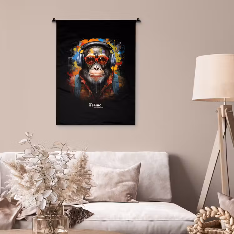Chimpansee met koptelefoon en graffiti-spray Wandkleed katoen klein -sfeer4
