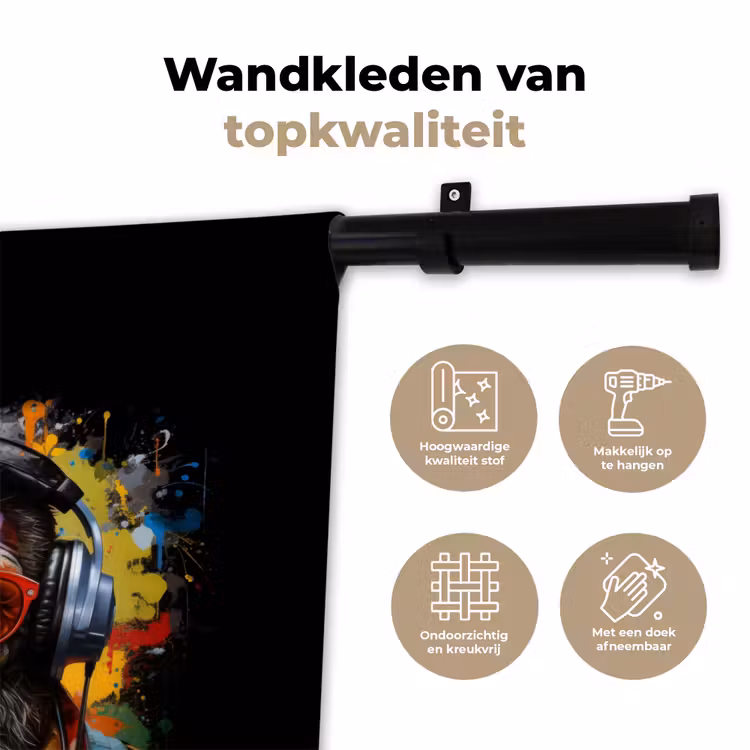 Chimpansee met koptelefoon en graffiti-spray Wandkleed katoen klein -sfeer2