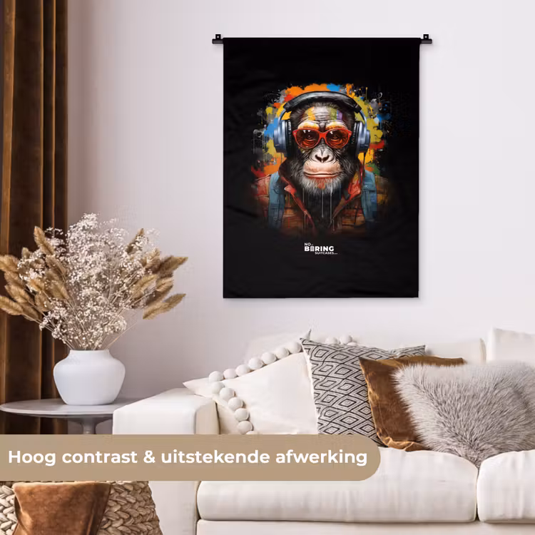 Chimpansee met koptelefoon en graffiti-spray Wandkleed katoen klein -sfeer1
