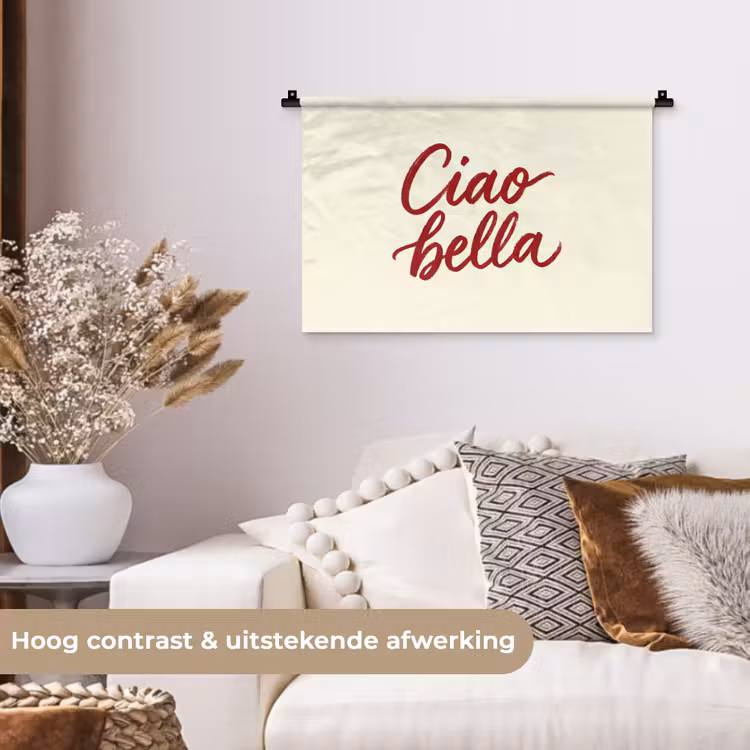 Ciao bella - Rood - Wit - Minimalistisch Wandkleed katoen klein -sfeer1