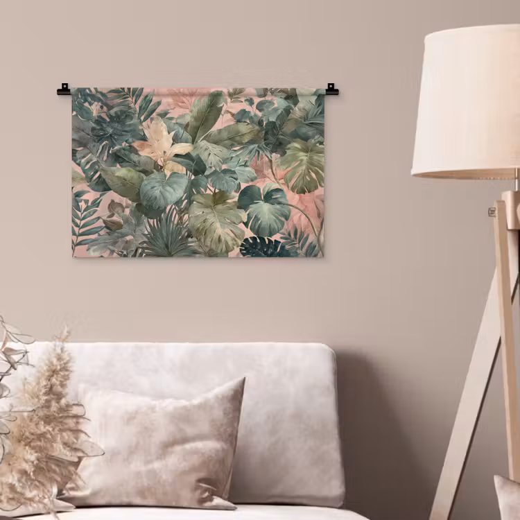 Compositie van bladeren - Groen - Roze Wandkleed katoen klein -sfeer4