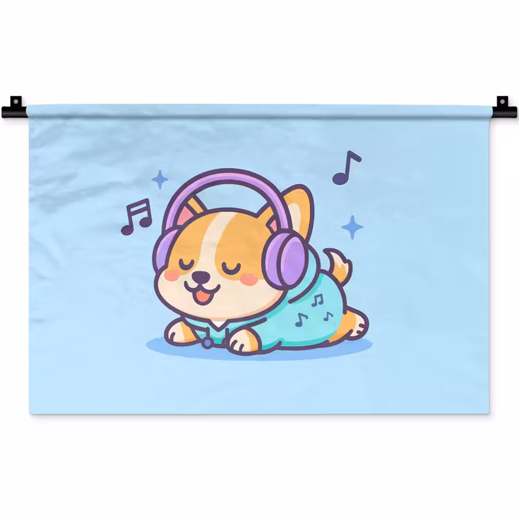 Corgi - Koptelefoon - Blauw - Muzieknoten Wandkleed katoen klein -zz3d