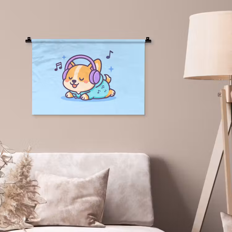 Corgi - Koptelefoon - Blauw - Muzieknoten Wandkleed katoen klein -sfeer4