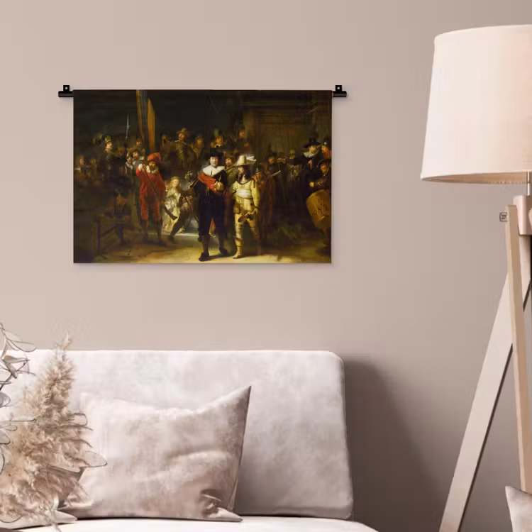 De Nachtwacht - Rembrandt van Rijn Wandkleed katoen klein -sfeer4