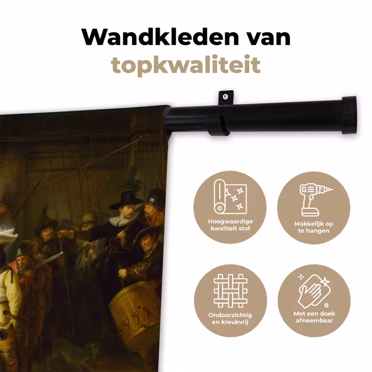 De Nachtwacht - Rembrandt van Rijn Wandkleed katoen klein -sfeer2
