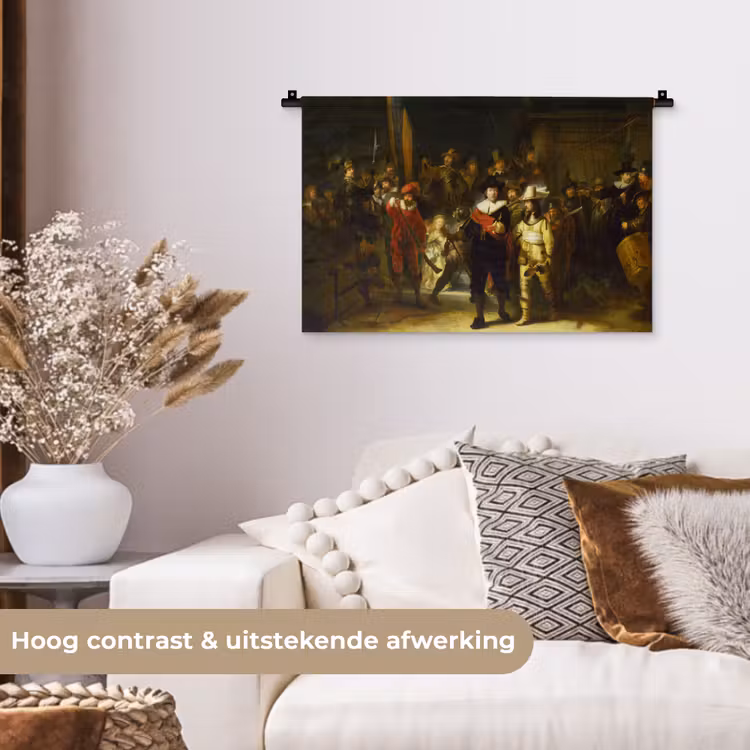 De Nachtwacht - Rembrandt van Rijn Wandkleed katoen klein -sfeer1