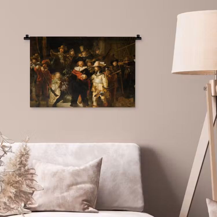 De Nachtwacht - Schilderij van Rembrandt van Rijn Wandkleed katoen klein -sfeer4