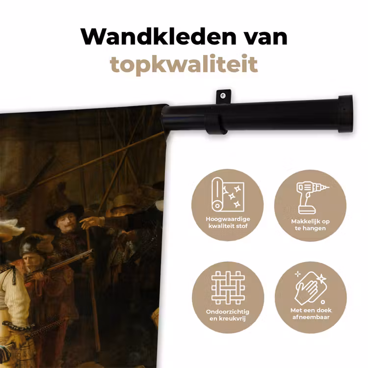 De Nachtwacht - Schilderij van Rembrandt van Rijn Wandkleed katoen klein -sfeer2