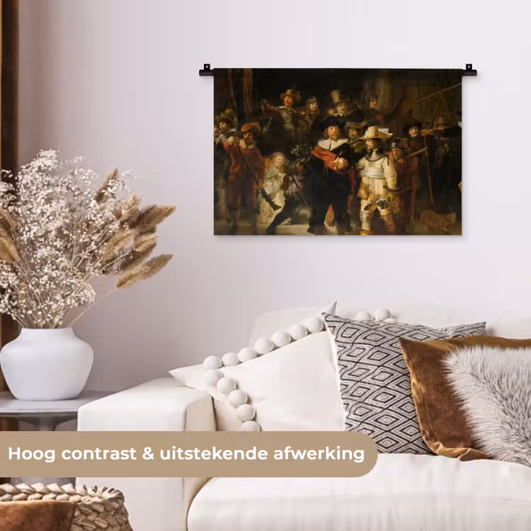 De Nachtwacht - Schilderij van Rembrandt van Rijn Wandkleed katoen klein -sfeer1