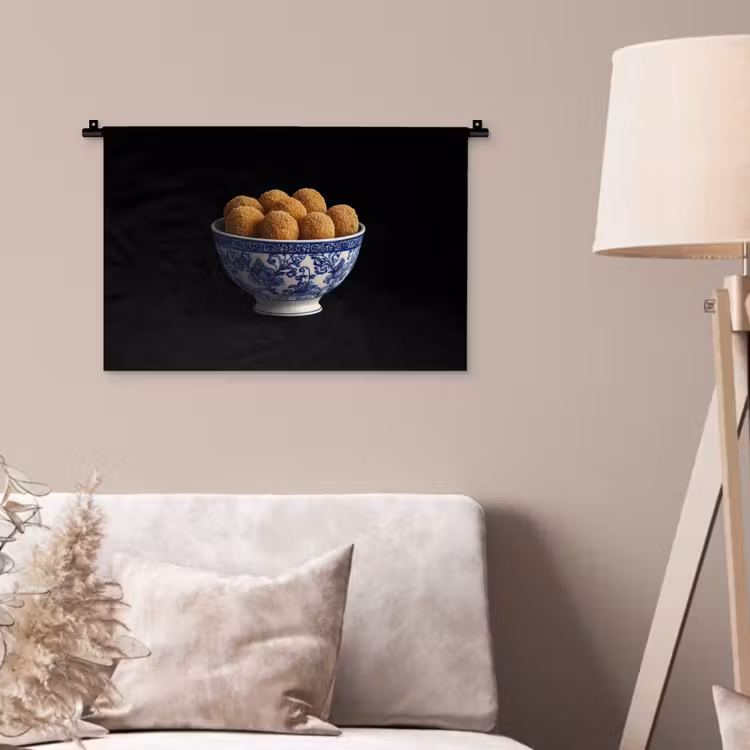 Delfts blauw - Bitterballen - Holland - Schaal Wandkleed katoen klein -sfeer4